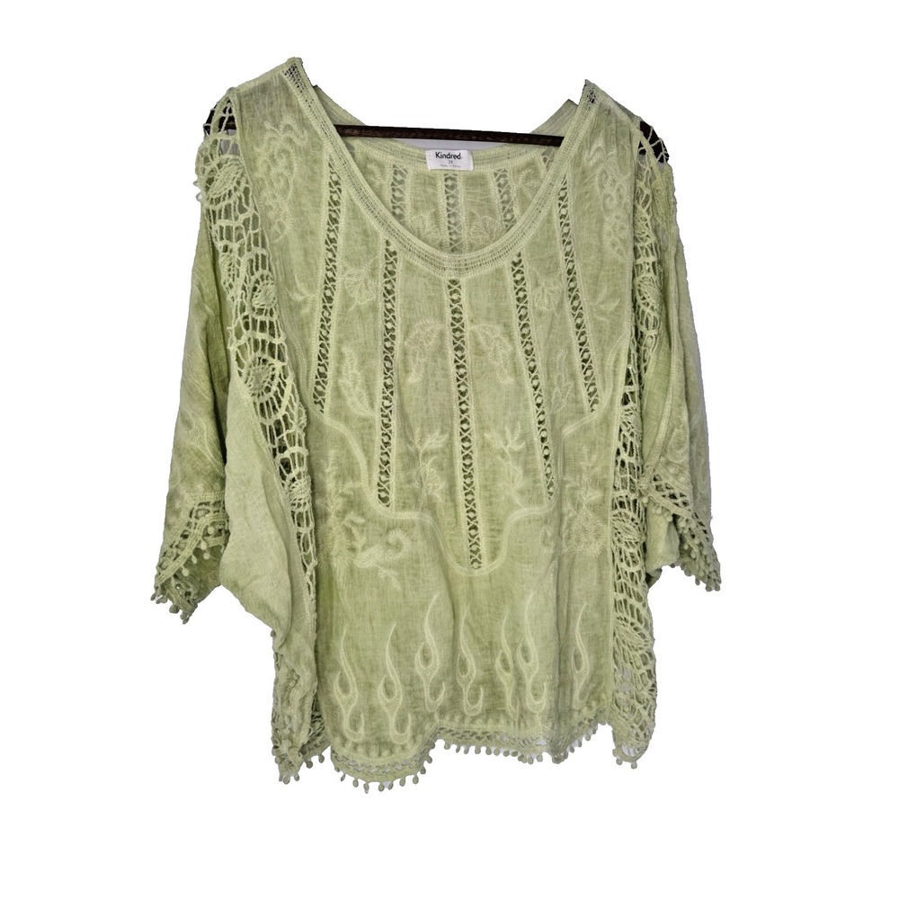Kindred Embroidered Boho Top 2X Green Lace Festival Cottagecore Anthropologie
